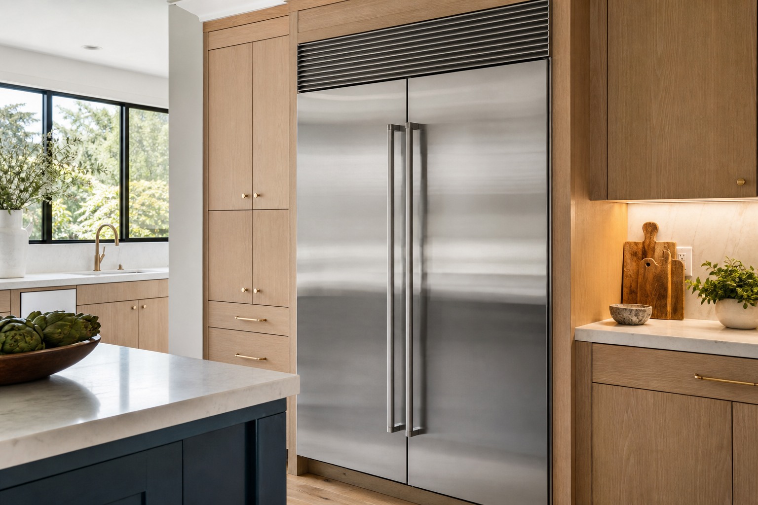 Built-in PRO-style Sub-Zero side-by-side refrigerator in a Bay Area kitchen