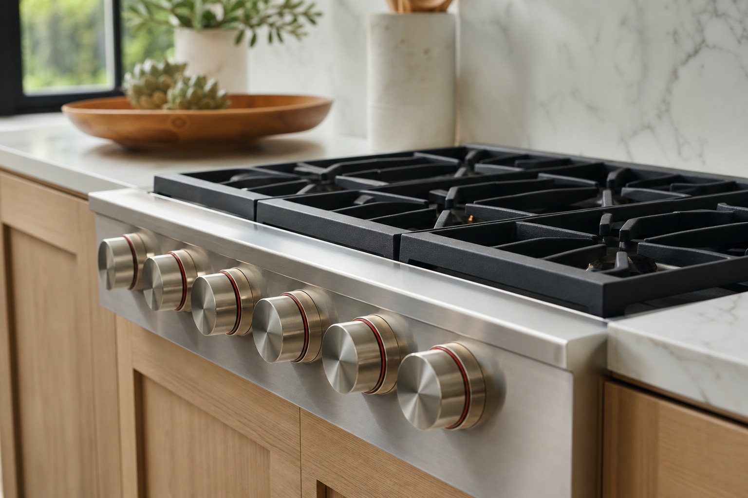 Wolf professional cooktop with red control knobs