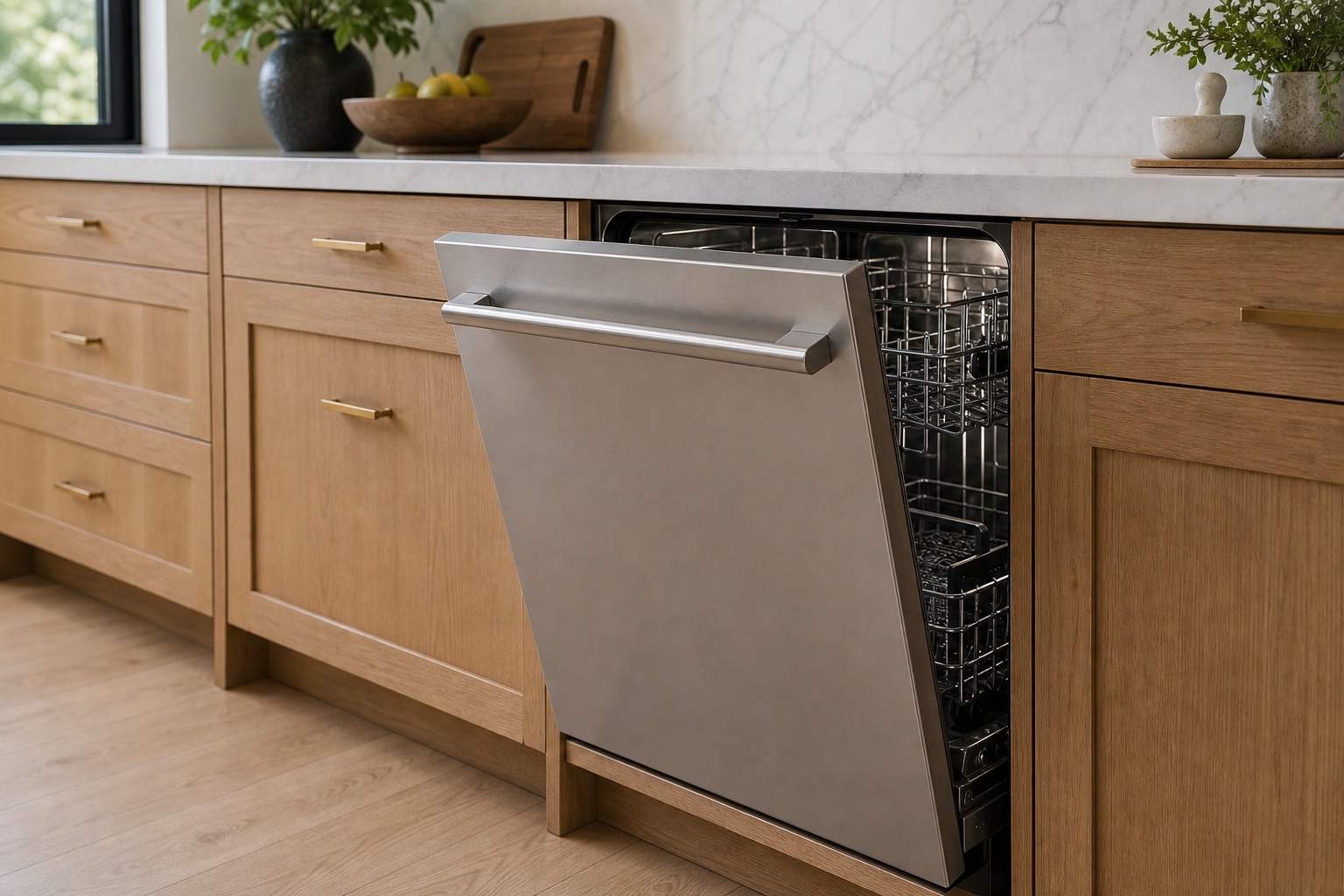 Premium fully-integrated Cove stainless dishwasher interior with racks in a Bay Area kitchen