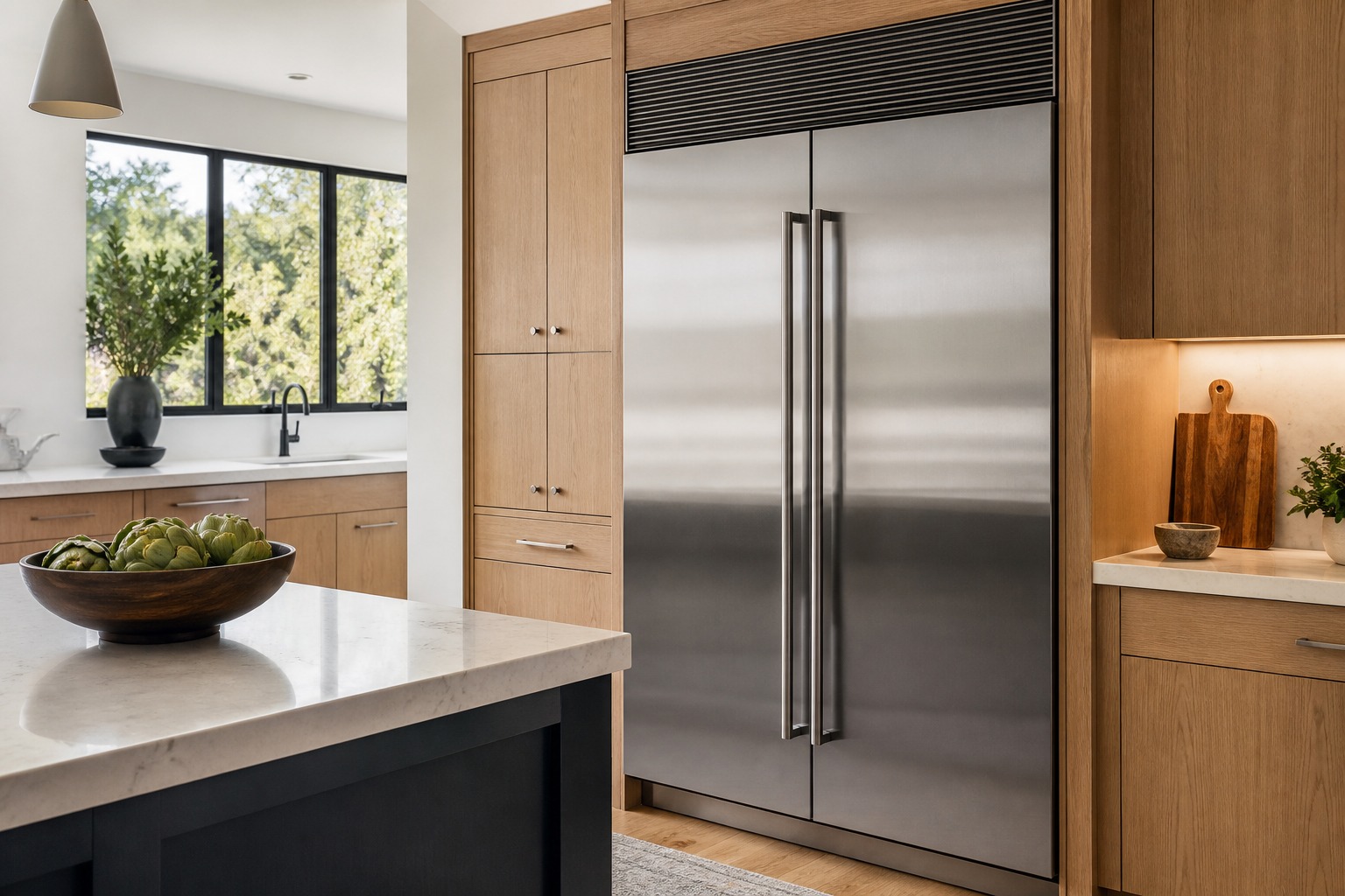 Tall built-in Sub-Zero stainless refrigerator column integrated into a Bay Area kitchen