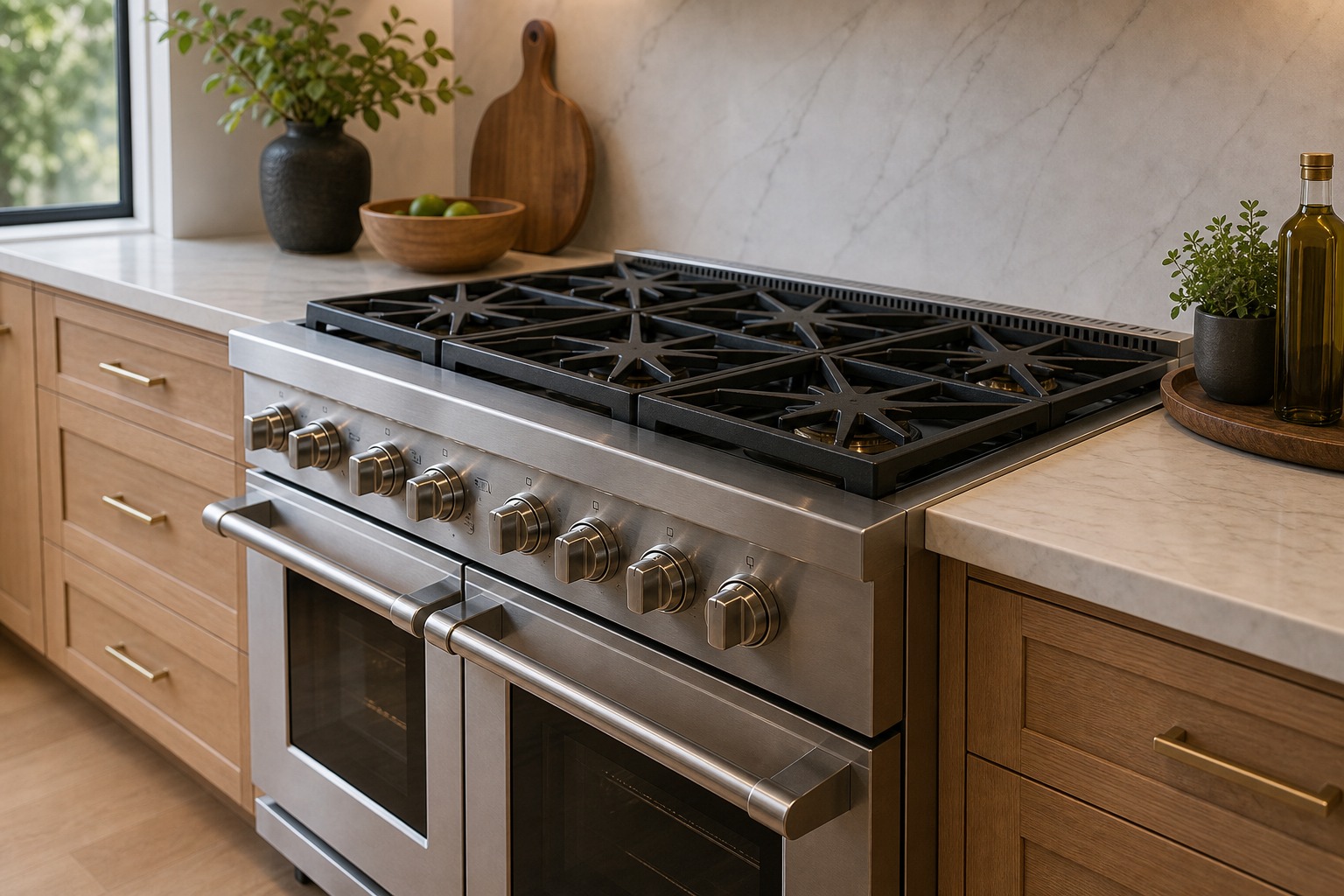 Premium Thermador range with a star-shaped burner grate in a Bay Area kitchen