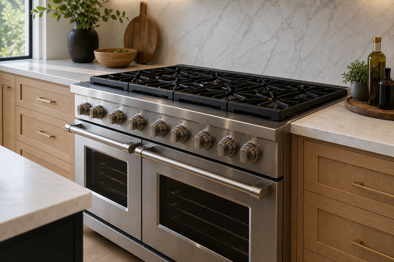 Heavy commercial-style Viking professional stainless range in a Bay Area kitchen