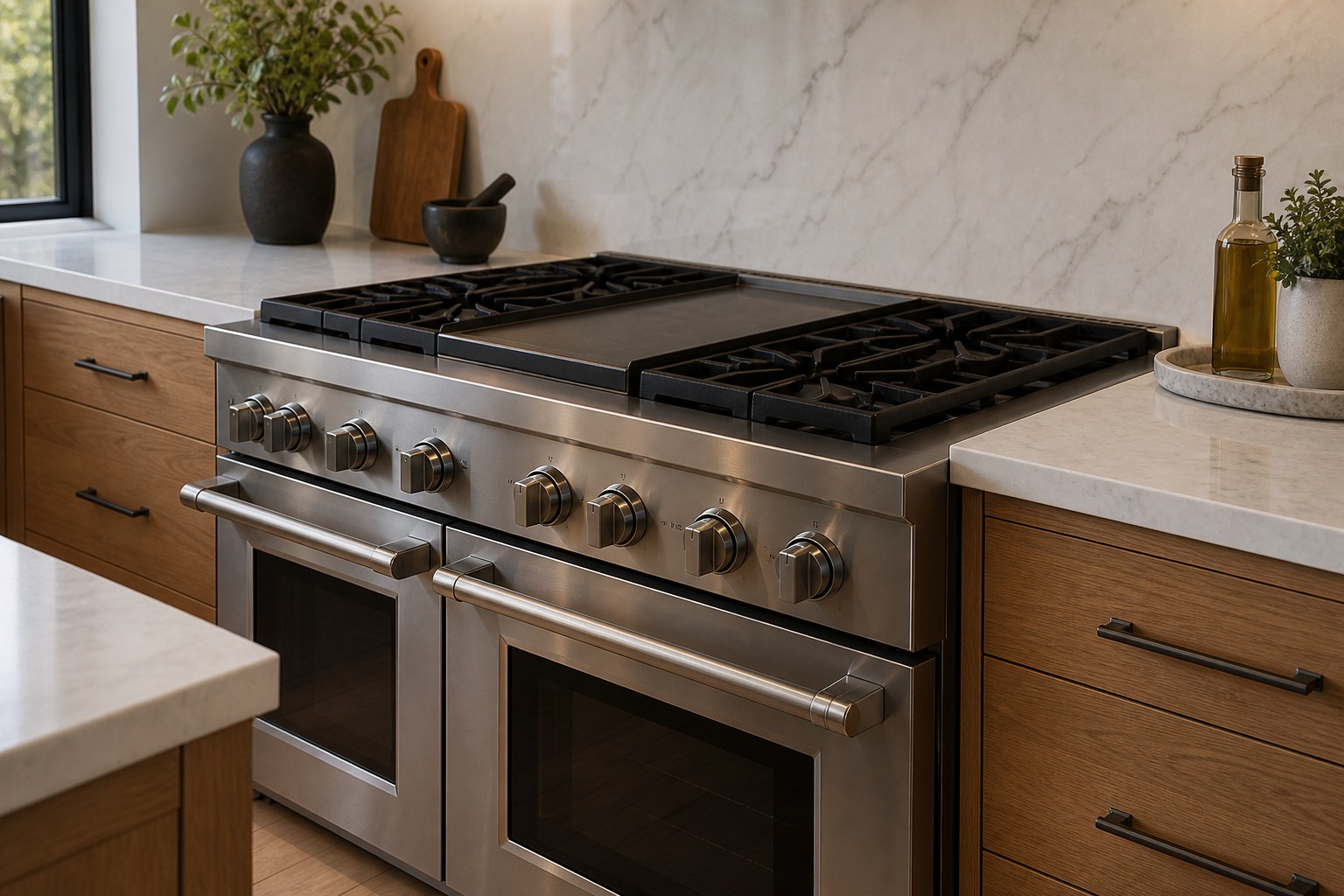 Professional-style Wolf dual-fuel range with red control knobs in a Bay Area kitchen
