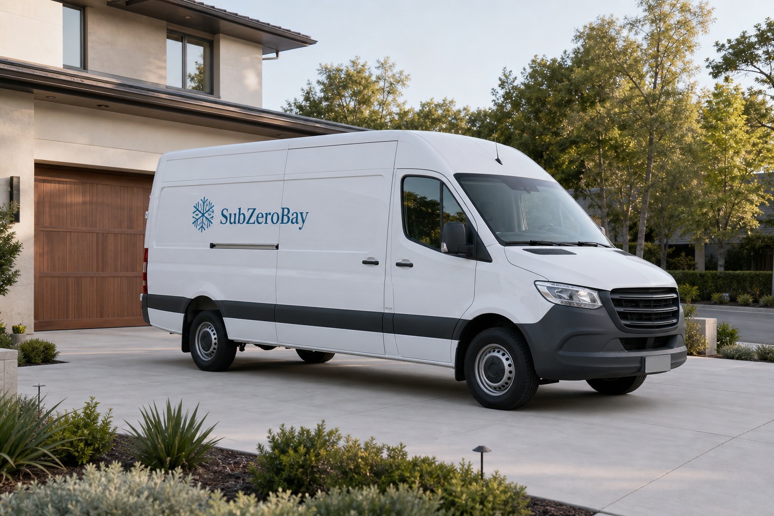 SubZeroBay service van parked outside an upscale Bay Area home