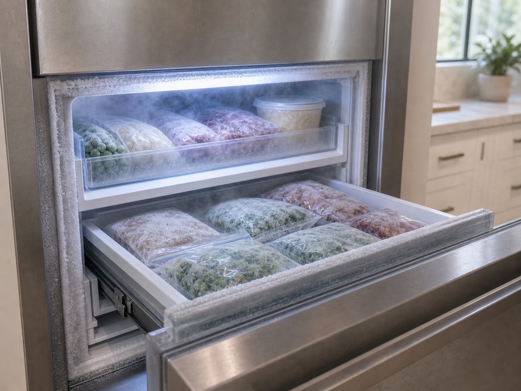 Open built-in Sub-Zero freezer with light frost and cold mist in a Bay Area kitchen
