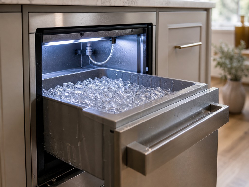Built-in Sub-Zero ice maker with a bin of clear ice cubes and a braided water line