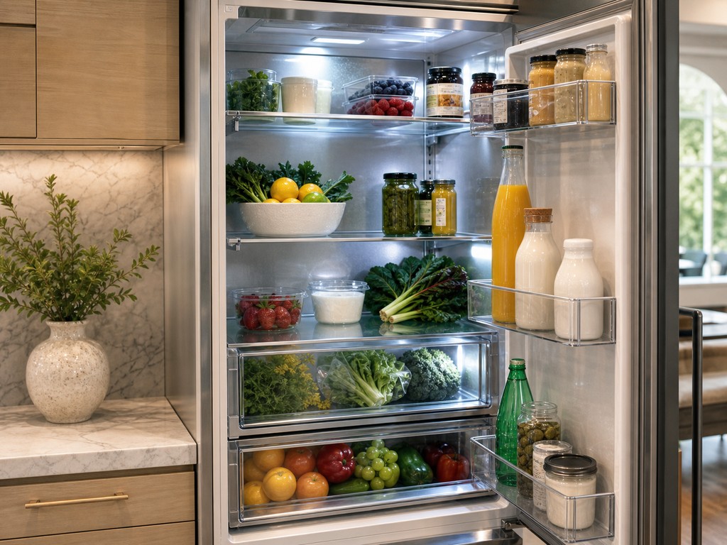 Open built-in Sub-Zero refrigerator column full of fresh groceries in a Bay Area kitchen