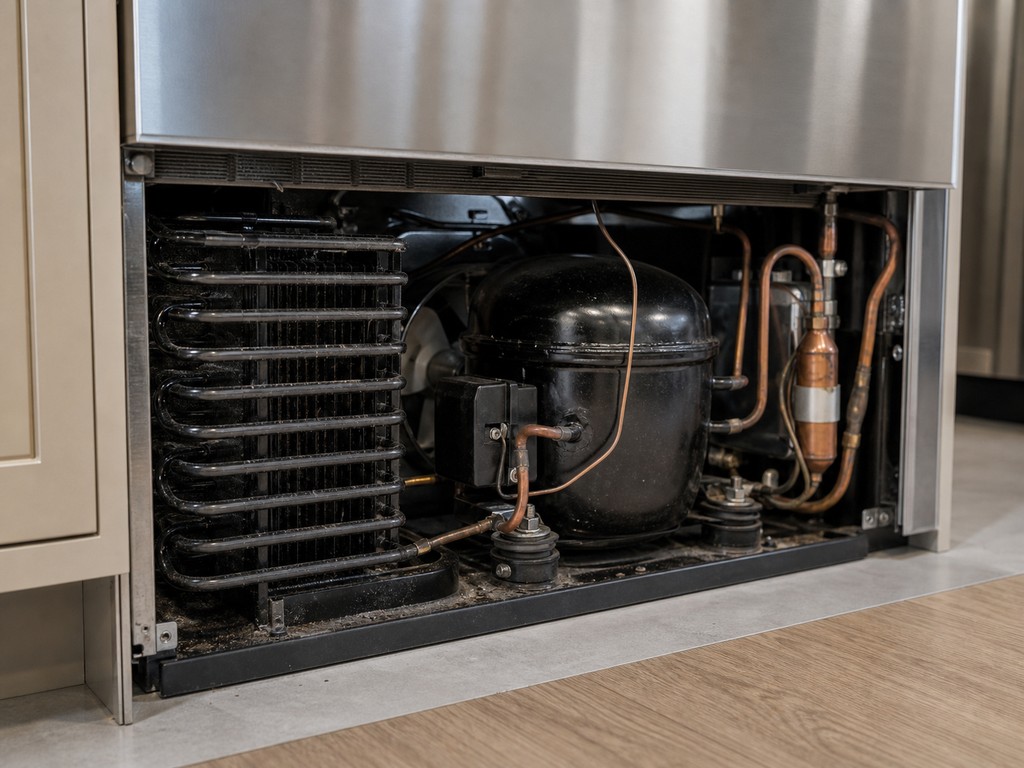 Compressor, condenser coils and copper sealed-system lines at the base of a built-in Sub-Zero