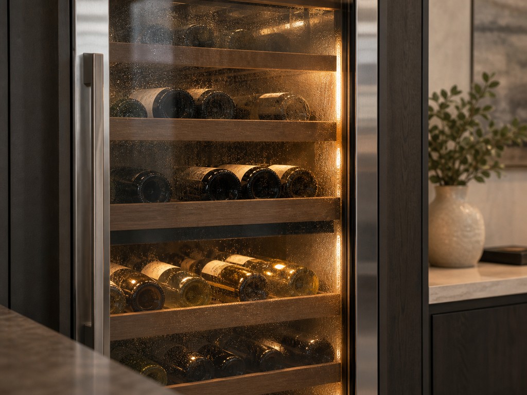 Built-in Sub-Zero wine storage column of bottles glowing under warm LED light