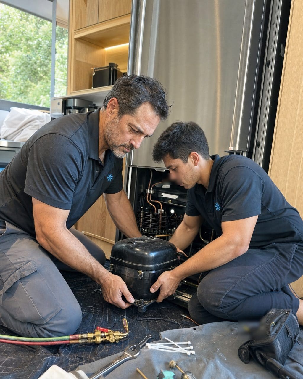 Technician servicing the sealed system on a Viking built-in refrigerator