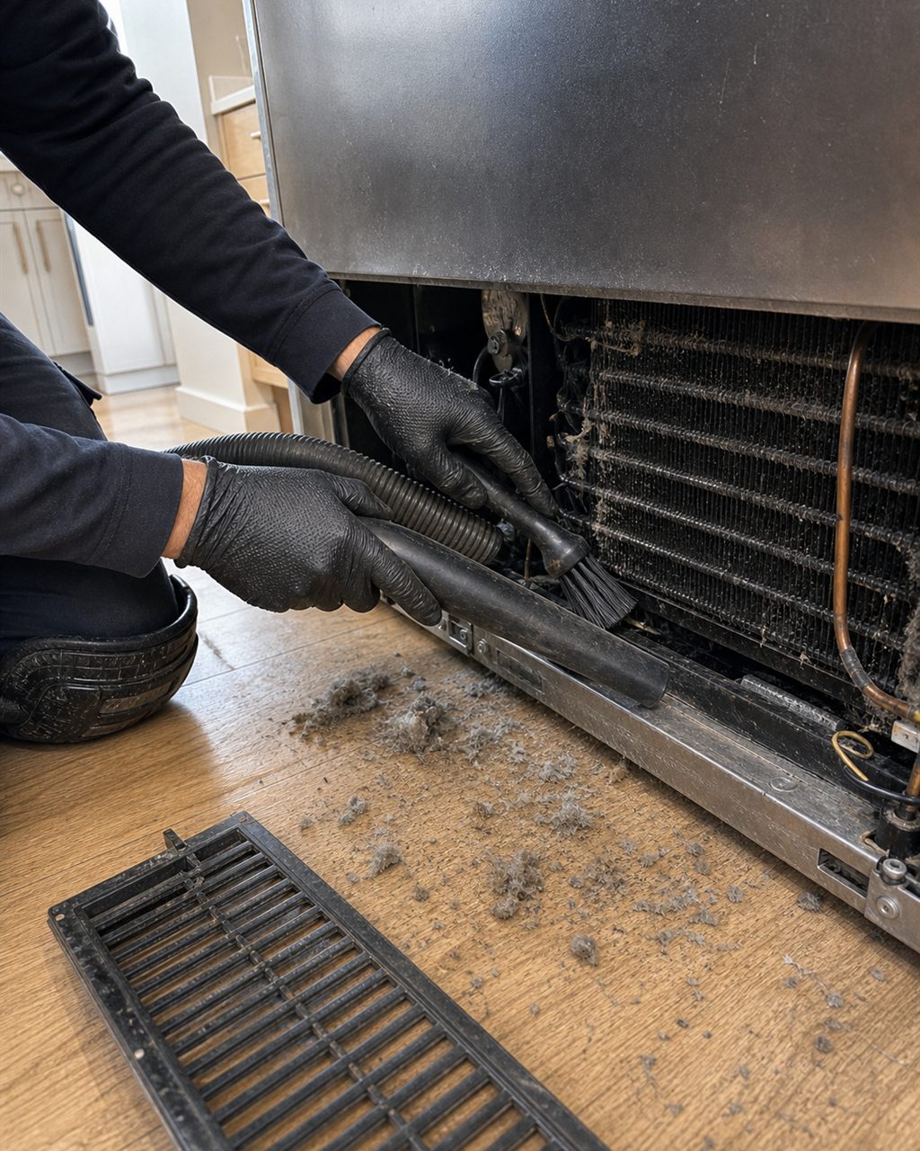 SubZeroBay technician cleaning a Sub-Zero condenser during a maintenance visit